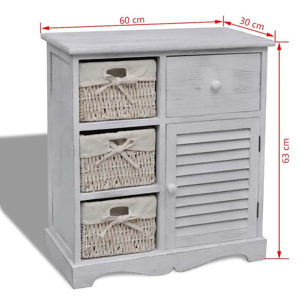 White Wooden Storage Cabinet with 3 Weaving Baskets Country Style