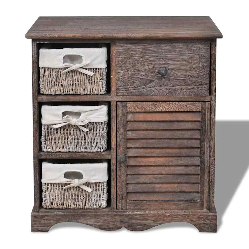 Wooden Storage Cabinet with 3 Weaving Baskets Brown Sideboard Country Style
