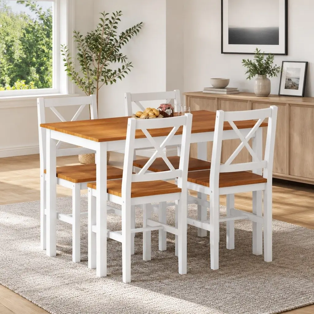 5 Piece Dining Set Table and 4 Chairs Brown White Kitchen Dining Room Furniture