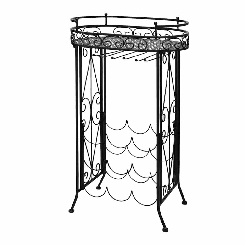 Wine Rack with Glass Holder 9 Bottles Floor Standing Storage Metal Black
