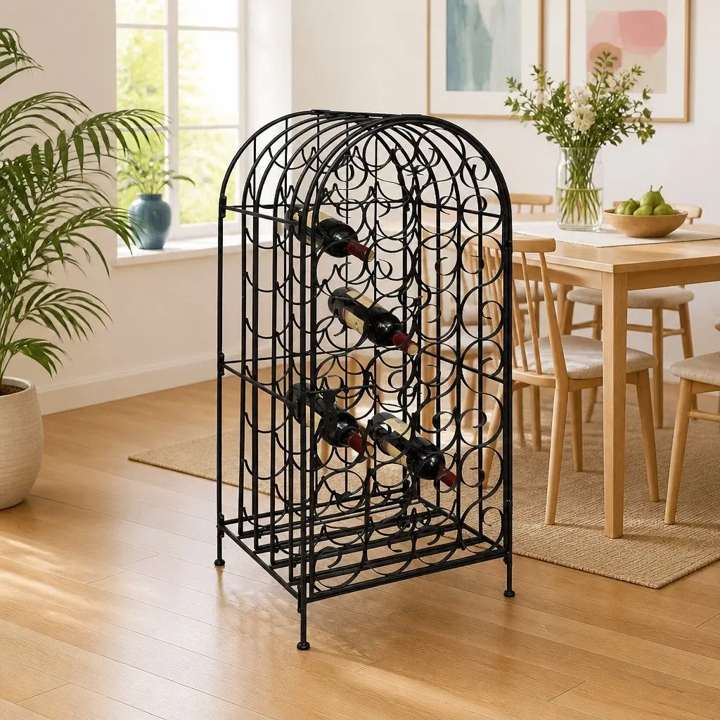 Wine Rack Floor Standing Black Metal 35 Bottle Storage Cabinet