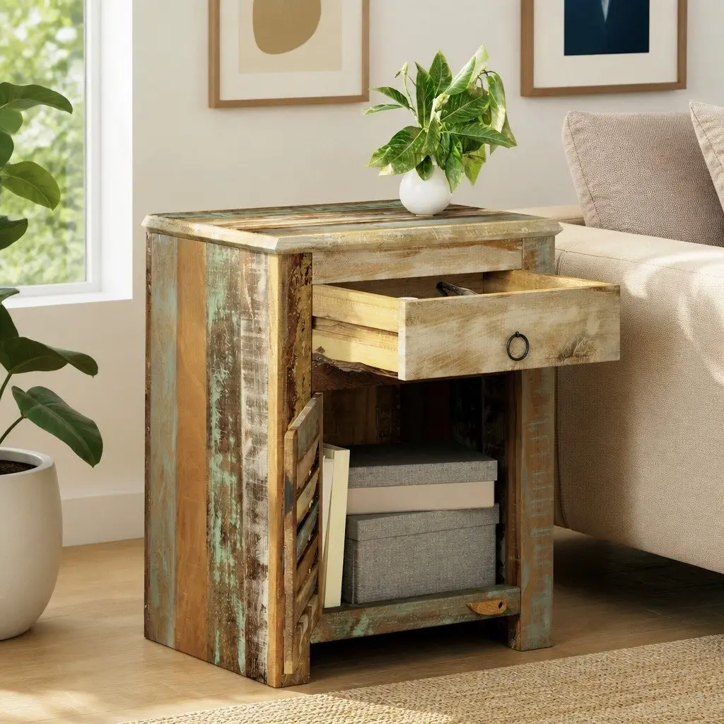Reclaimed Wood End Table Antique Style with Drawer and Door Storage