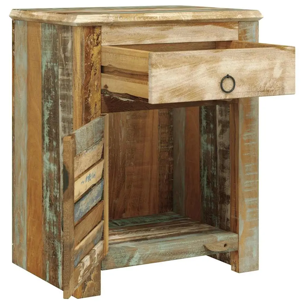 Reclaimed Wood End Table Antique Style with Drawer and Door Storage