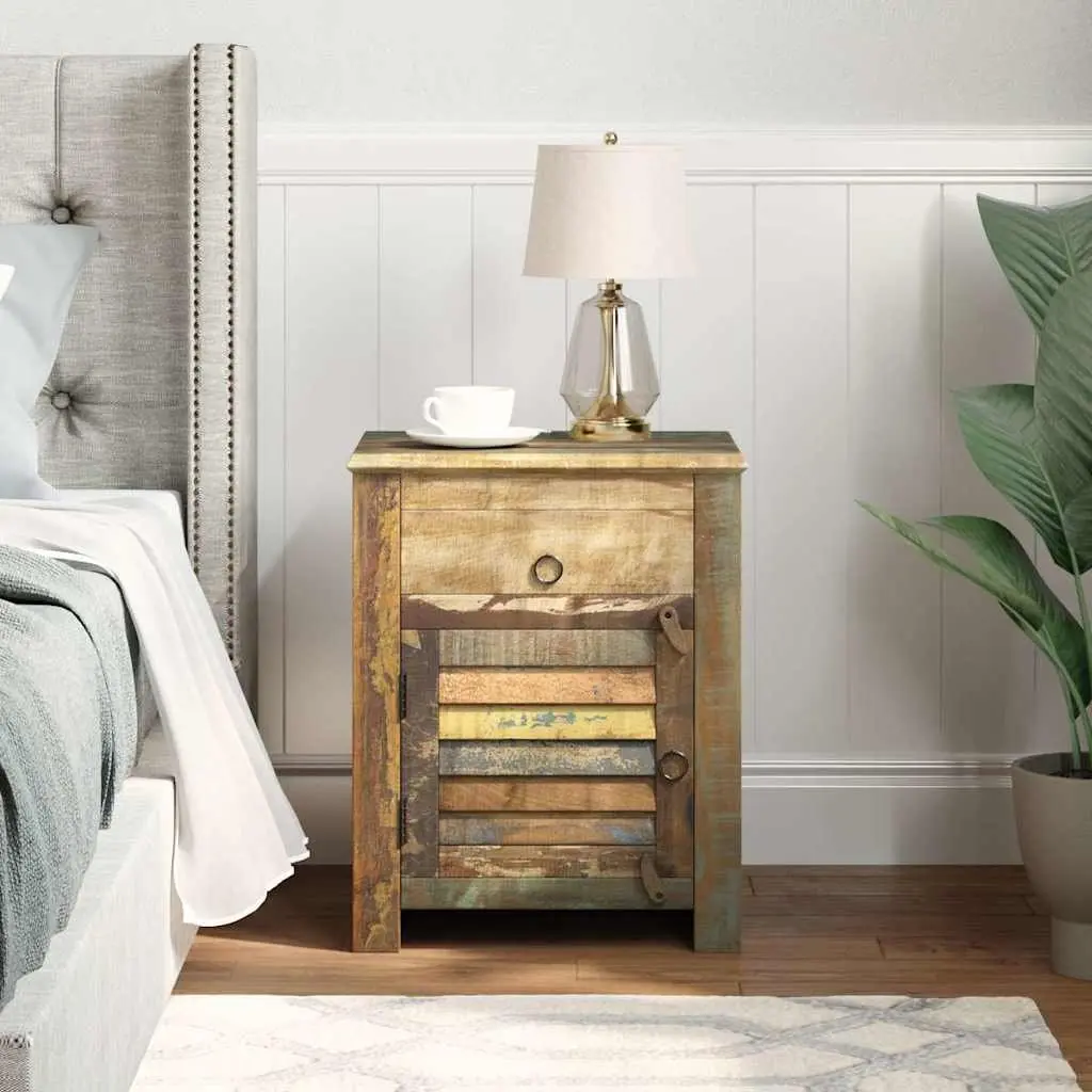 Reclaimed Wood End Table Antique Style with Drawer and Door Storage