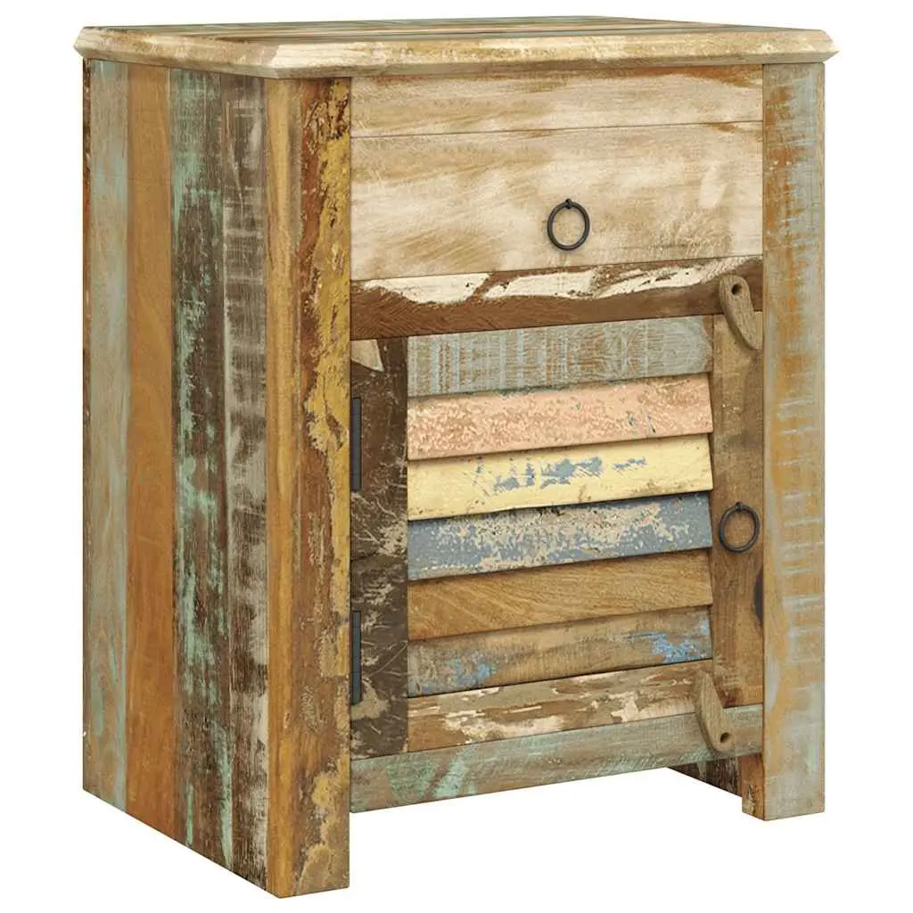 Reclaimed Wood End Table Antique Style with Drawer and Door Storage