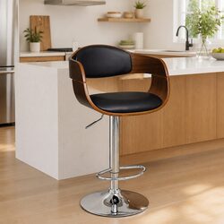 Bar Stool Bent Wood Frame Faux Leather Padded Seat Gas Lift Height Adjustable