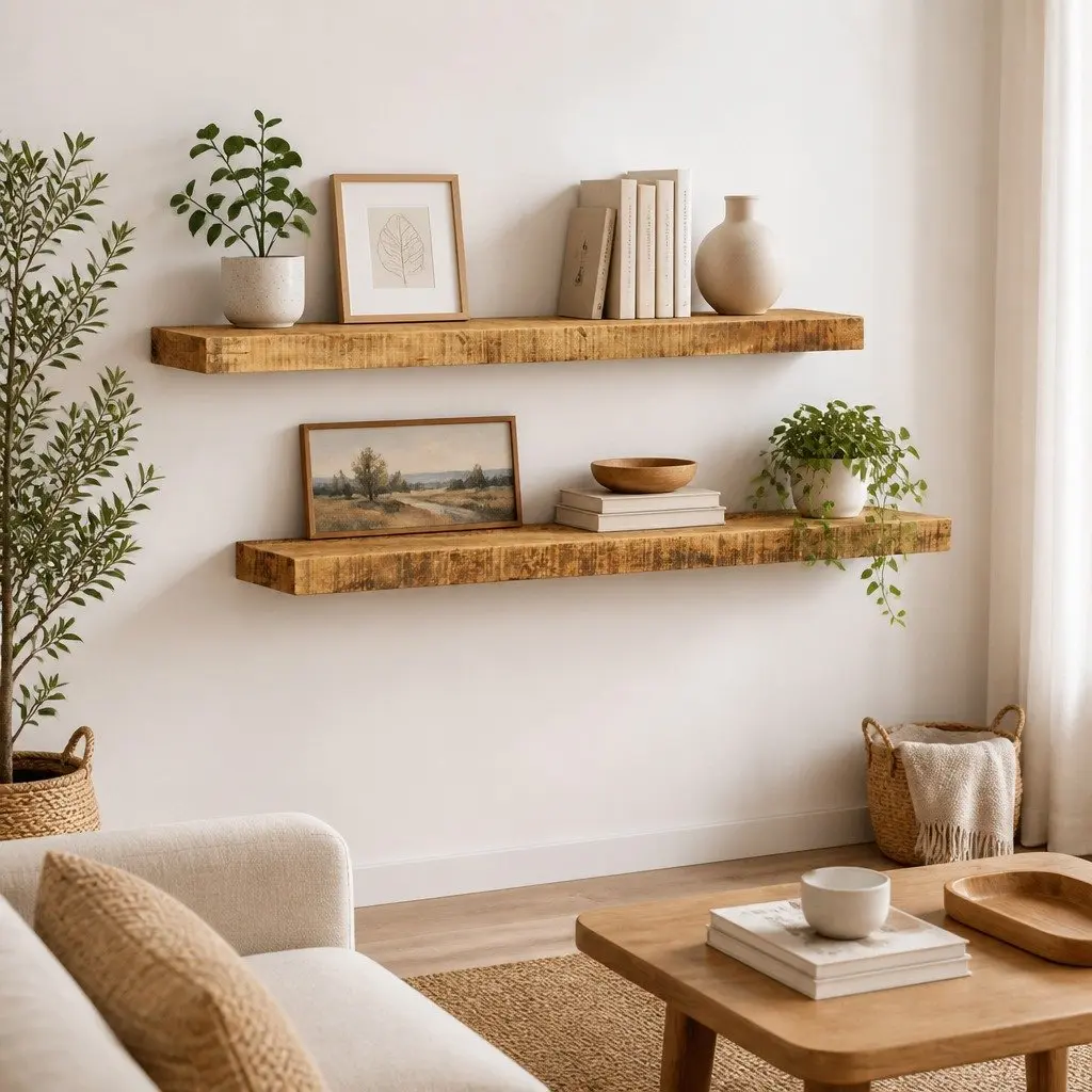 Solid Wood Wall Mounted Display Shelf Brown Set of 2 Kitchen Living Room Bedroom