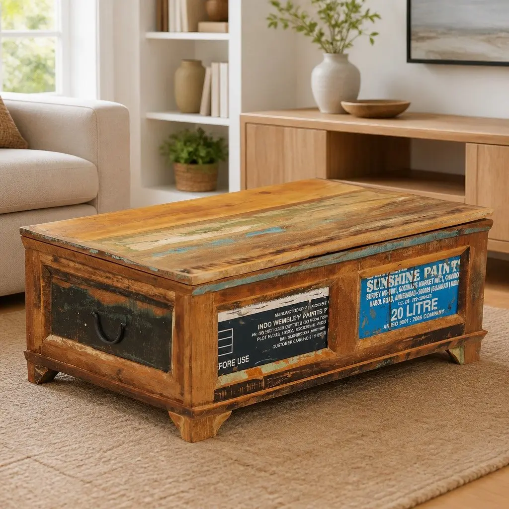 Vintage Coffee Table Brown Handmade Reclaimed Wood with Storage Compartment