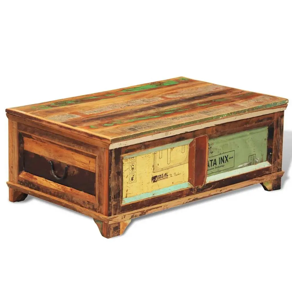 Vintage Coffee Table Brown Handmade Reclaimed Wood with Storage Compartment