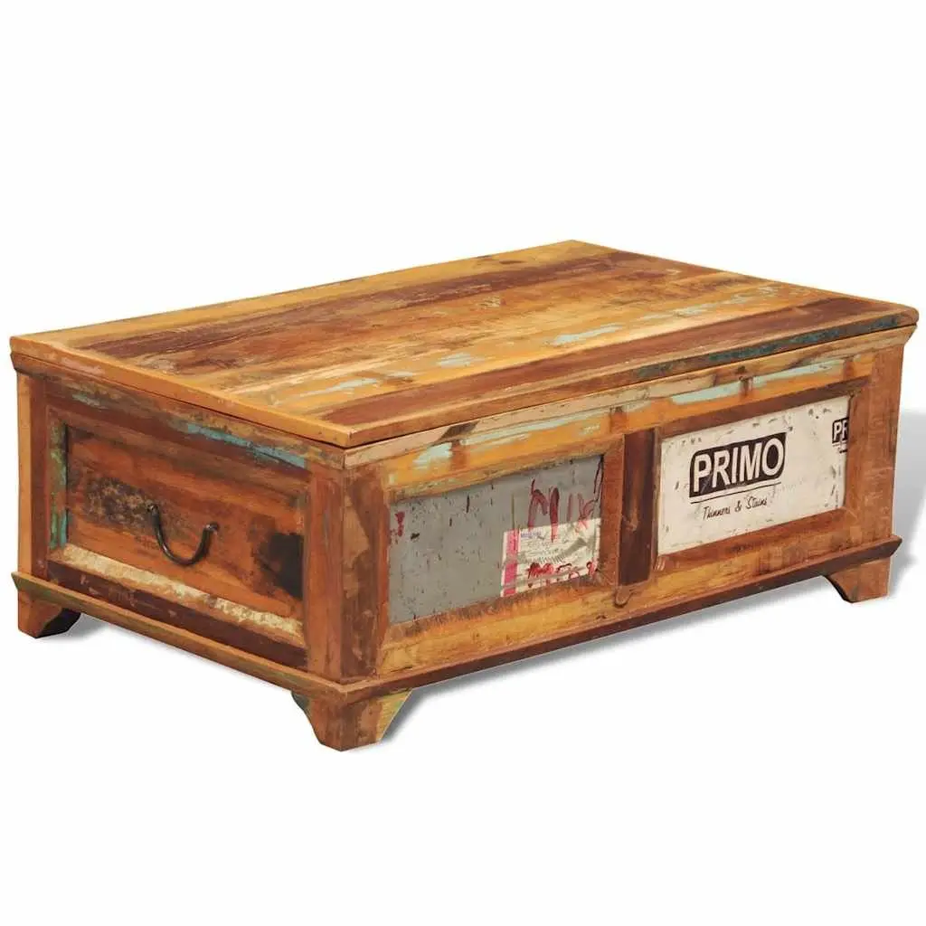 Vintage Coffee Table Brown Handmade Reclaimed Wood with Storage Compartment