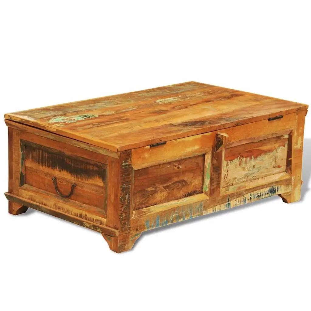 Vintage Coffee Table Brown Handmade Reclaimed Wood with Storage Compartment