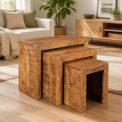 Nesting Table Set 3 Pieces Brown Wooden Stackable Side End Coffee Tables