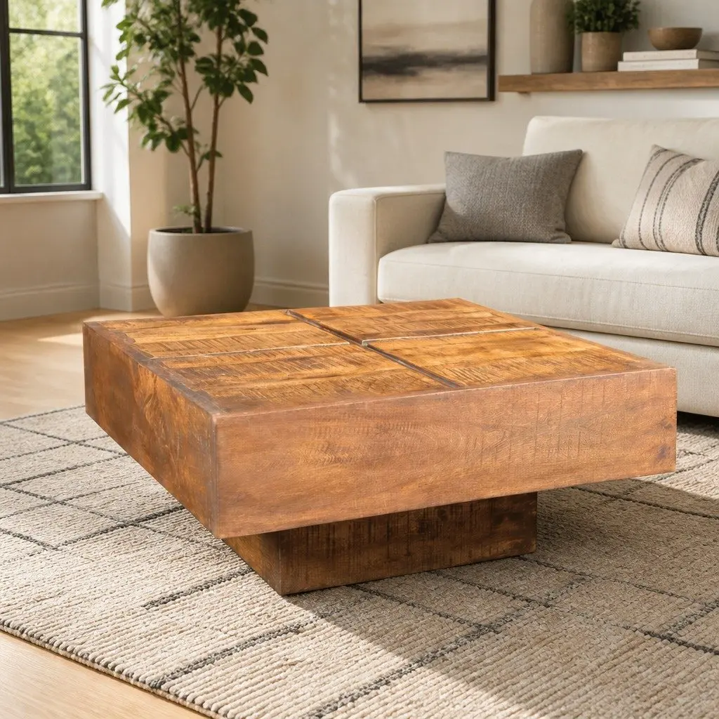 Coffee Table Antique Style Brown Square Solid Mango Wood