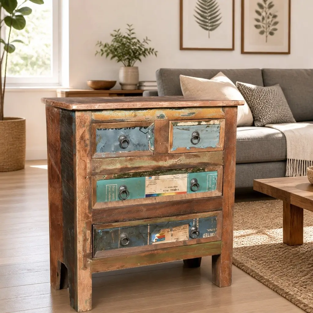 Reclaimed Wood Chest of Drawers Vintage Style 4 Drawer Brown Furniture