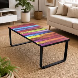 Coffee Table Rectangular Modern Glass Top Rainbow Print Design Side Table