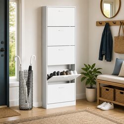 Friendly White Wooden Shoe Cabinet with 5 Storage Sections