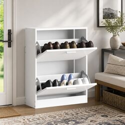 Wooden Shoe Cabinet with 2 Compartments White Storage Organiser Rack Shelves