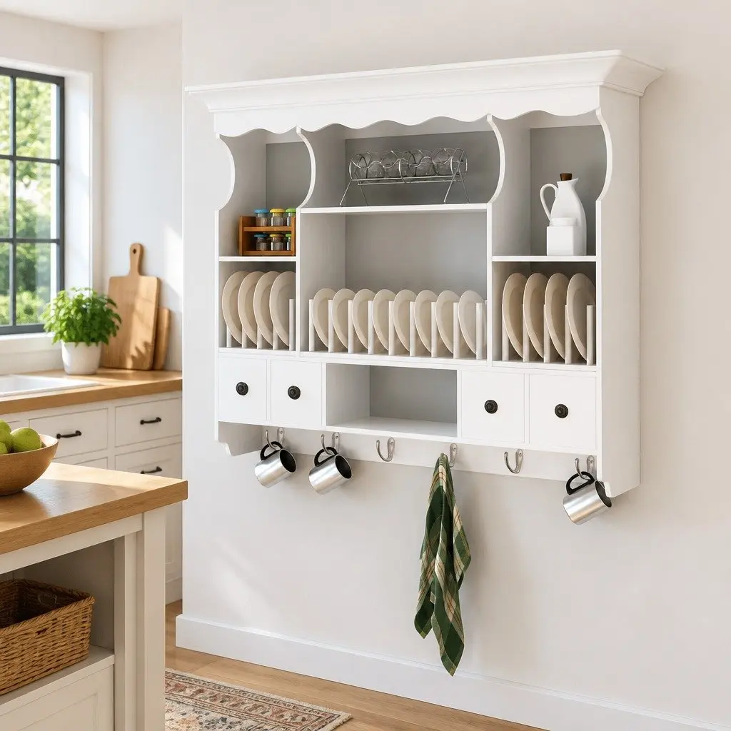 Wooden Kitchen Wall Cabinet Antique Look White 4 Drawers 4 Shelves Hooks