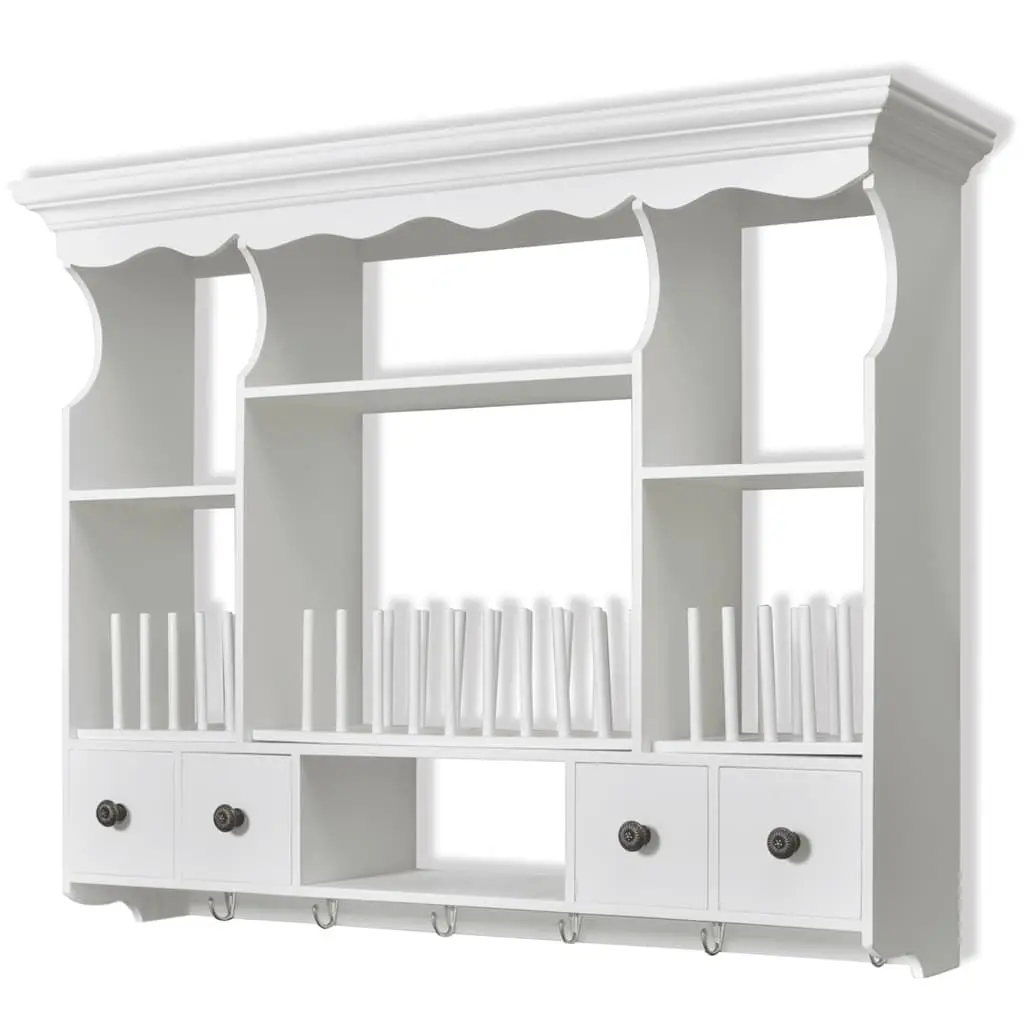 Wooden Kitchen Wall Cabinet Antique Look White 4 Drawers 4 Shelves Hooks