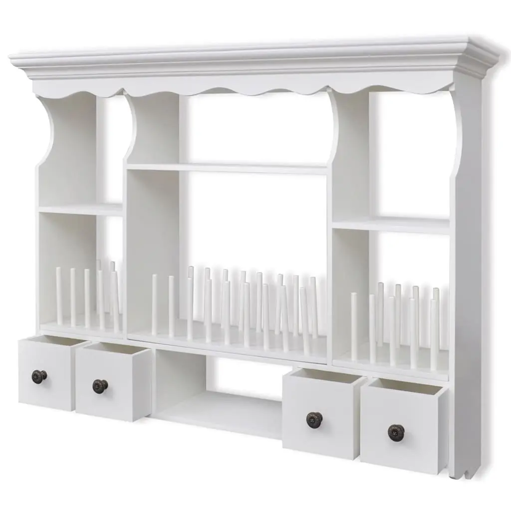 Wooden Kitchen Wall Cabinet Antique Look White 4 Drawers 4 Shelves Hooks
