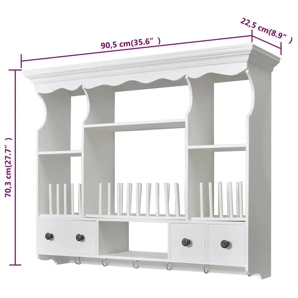 Wooden Kitchen Wall Cabinet Antique Look White 4 Drawers 4 Shelves Hooks