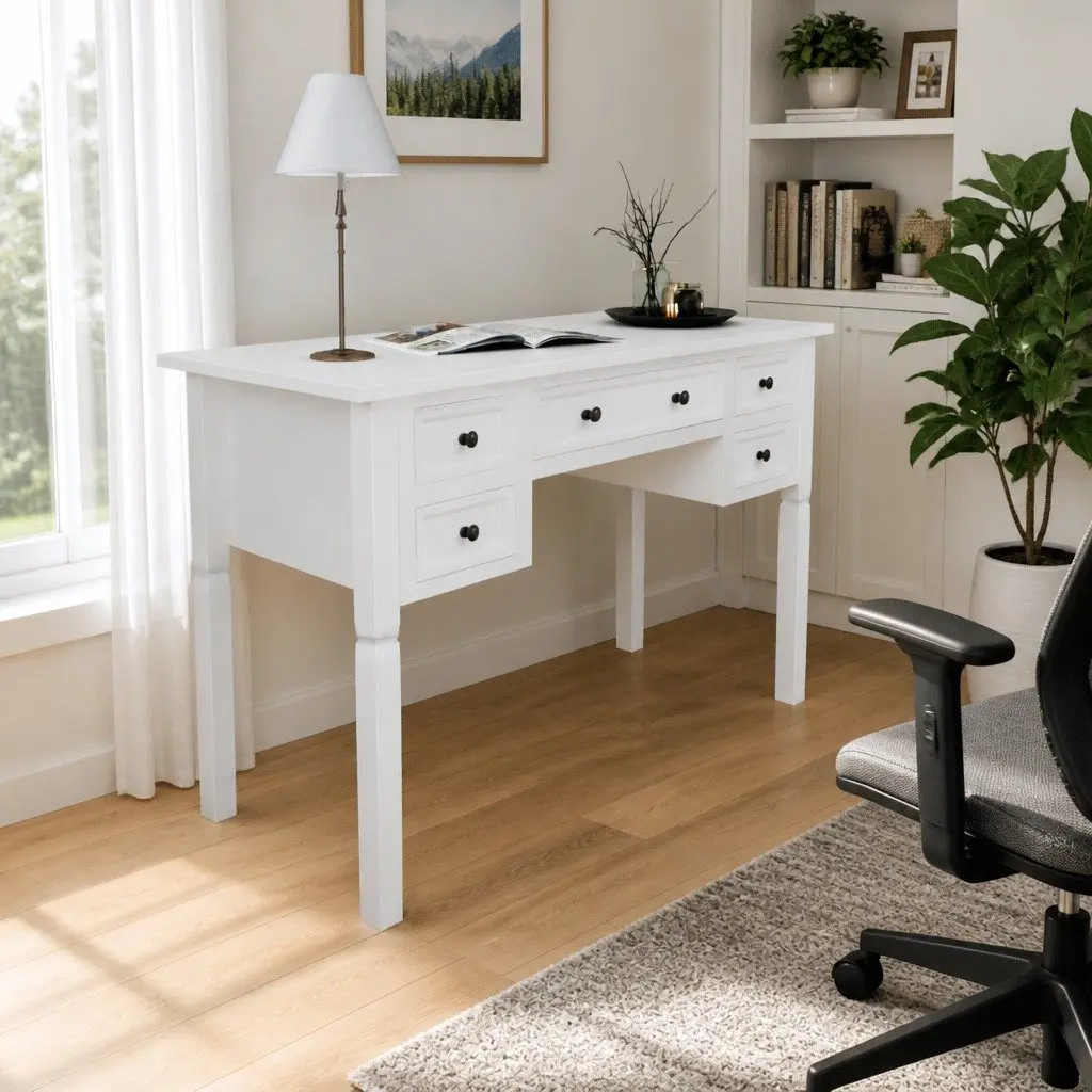 White Writing Desk with Five Drawers for Storage in Office or Bedroom