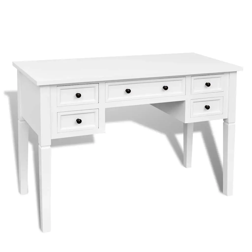 White Writing Desk with Five Drawers for Storage in Office or Bedroom