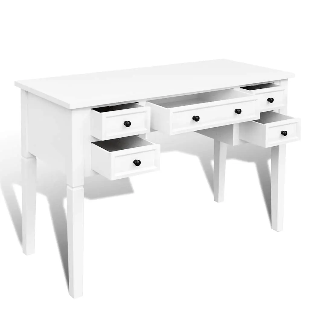 White Writing Desk with Five Drawers for Storage in Office or Bedroom
