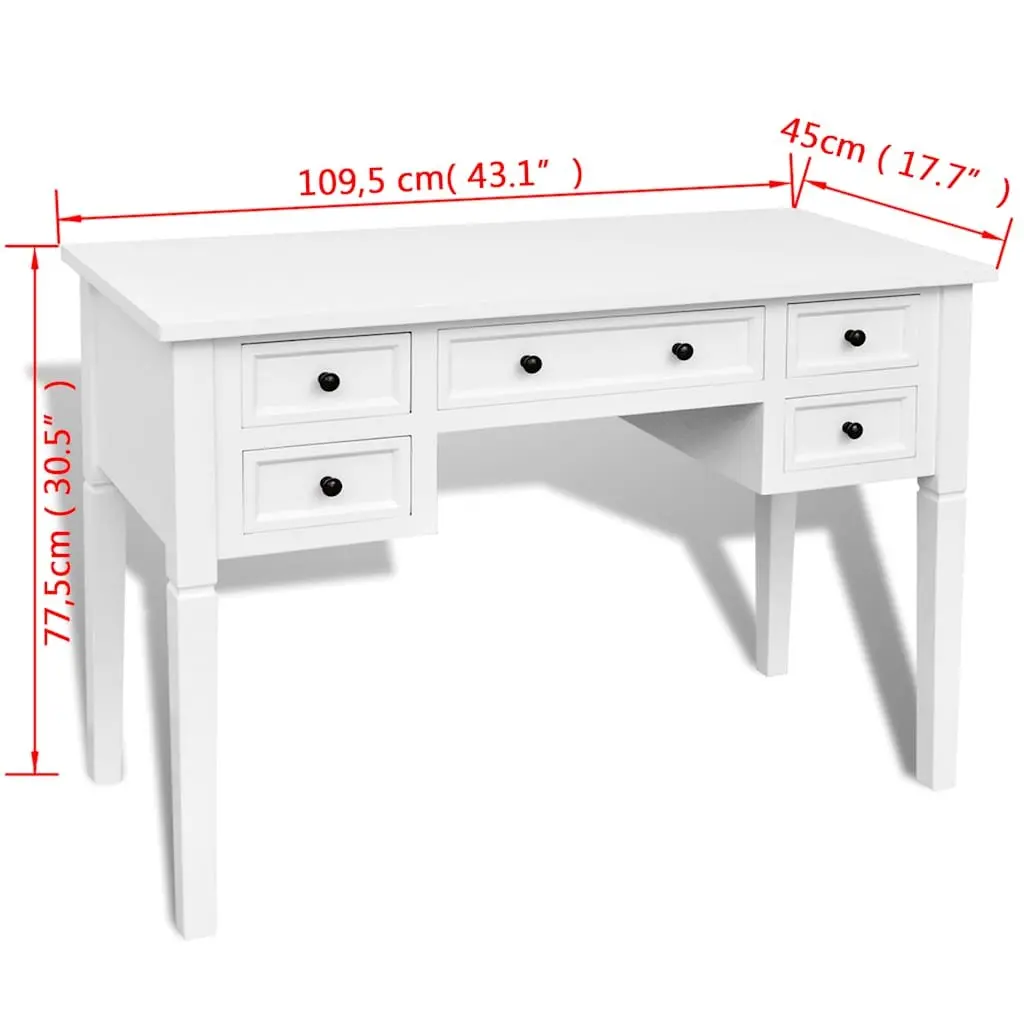 White Writing Desk with Five Drawers for Storage in Office or Bedroom