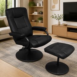 Chic Black Faux Leather TV Armchair with Matching Footstool