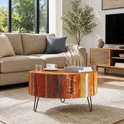 Round Solid Reclaimed Wood Coffee Table Handmade Vintage Antique Living Room