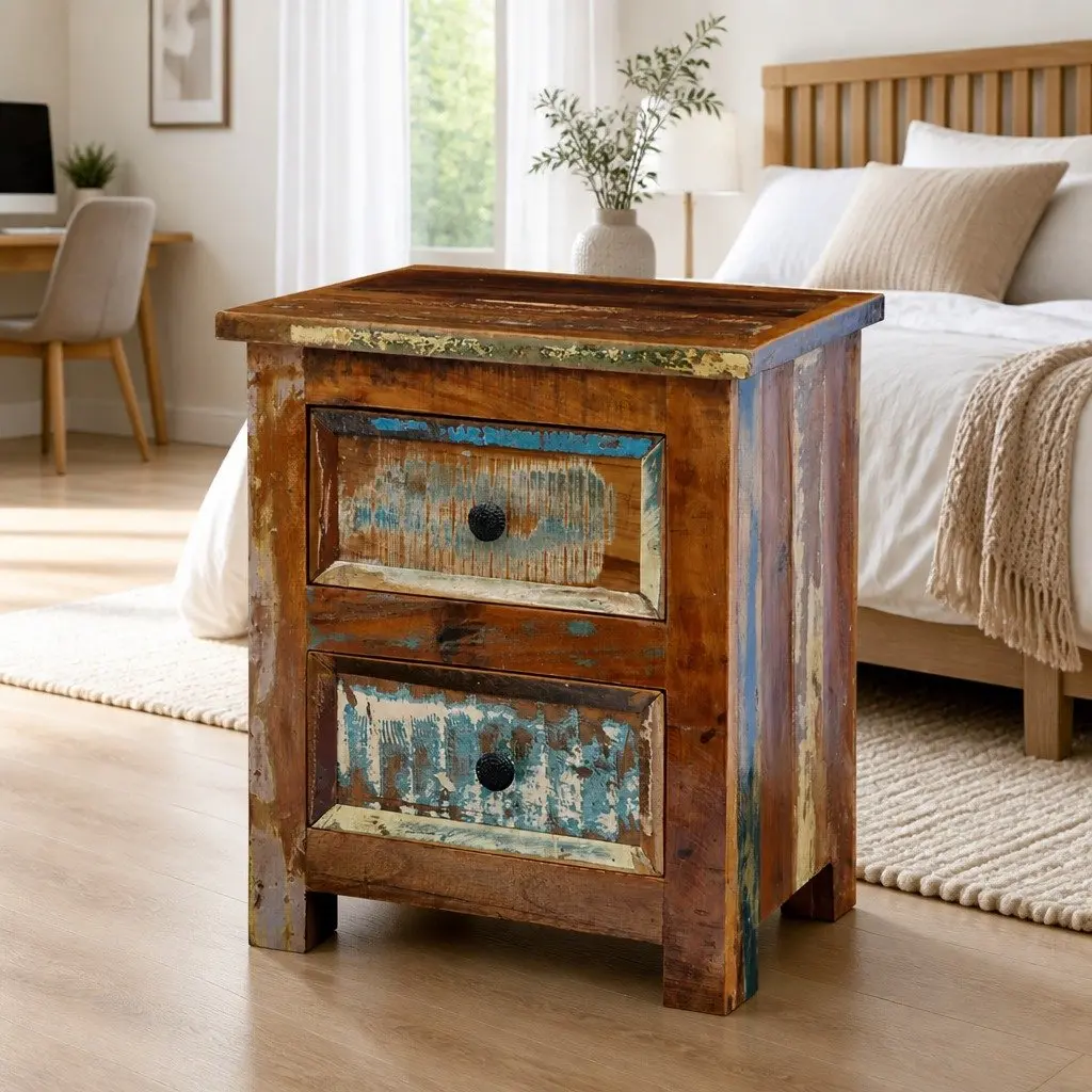 Bedside Table Reclaimed Wood Antique Style 2 Drawers