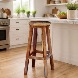 Bar Stool Solid Reclaimed Wood Brown Antique Style Footrest Seating