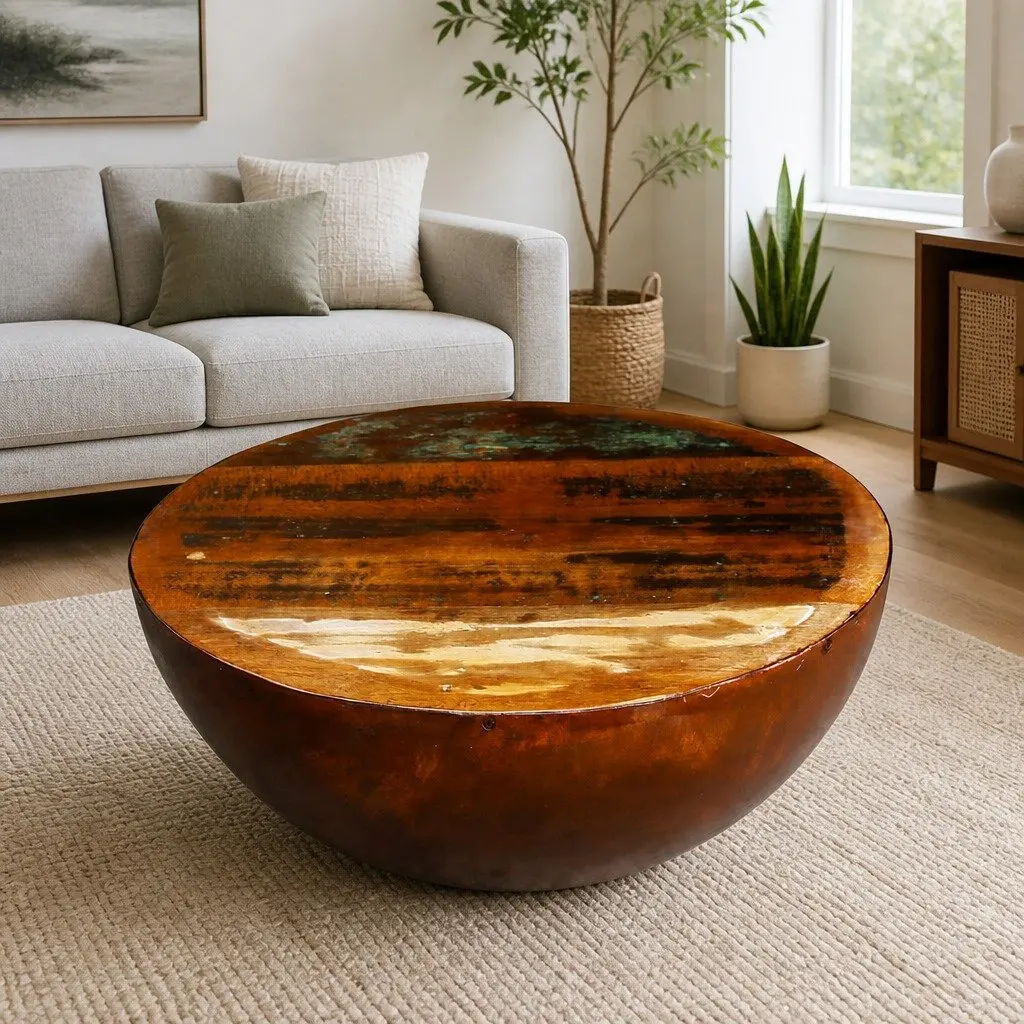 Reclaimed Wood Coffee Table Antique Brown Bowl Shape Handmade Steel Base