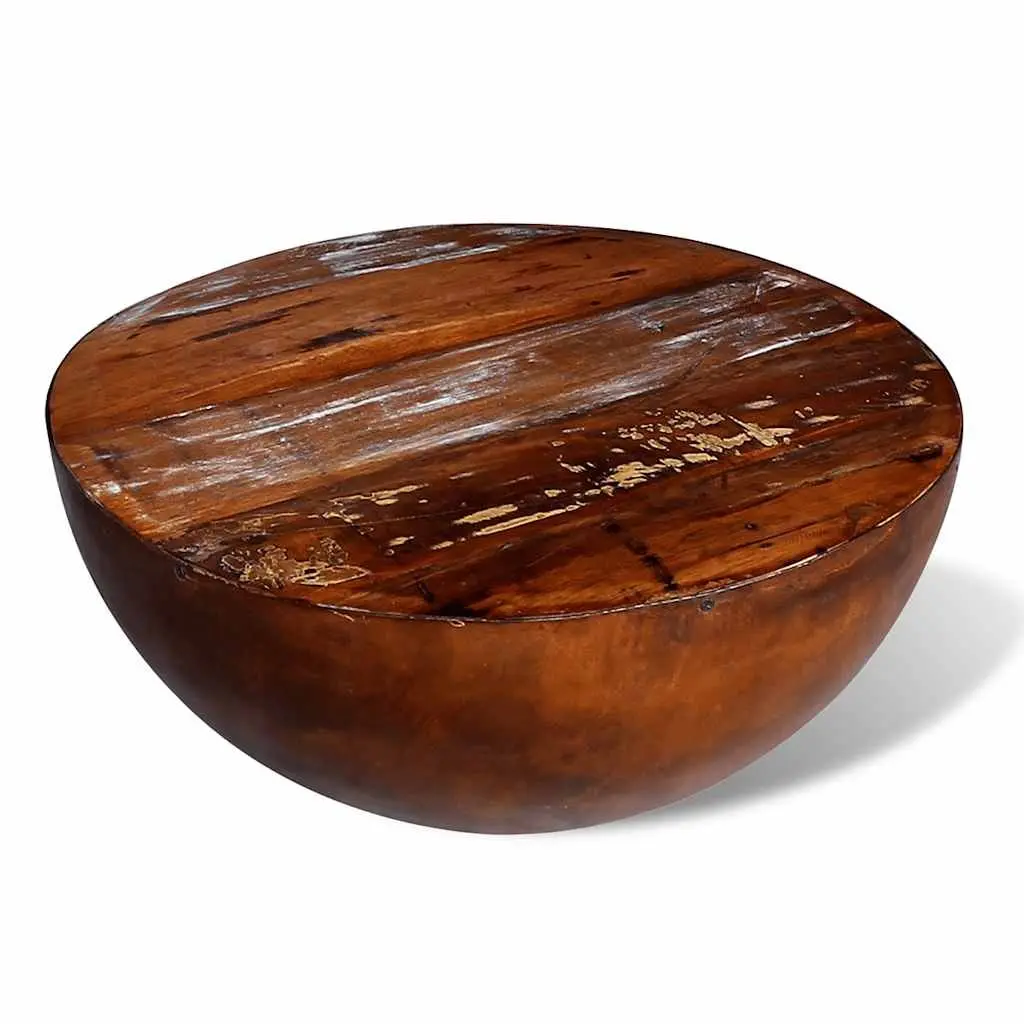 Reclaimed Wood Coffee Table Antique Brown Bowl Shape Handmade Steel Base