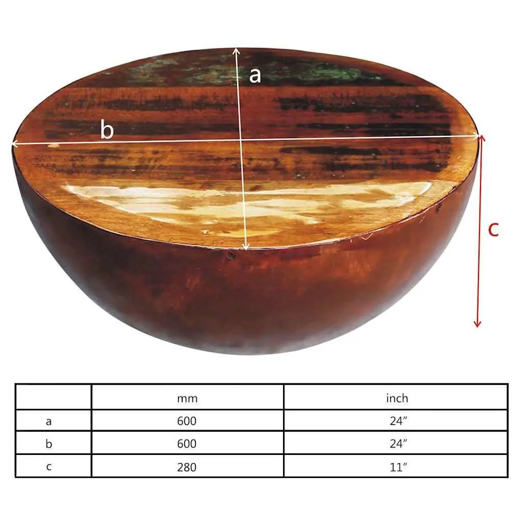 Reclaimed Wood Coffee Table Antique Brown Bowl Shape Handmade Steel Base