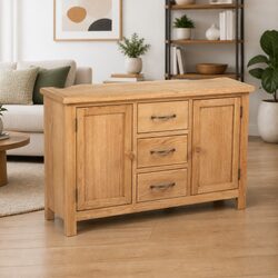 Wooden Sideboard 3 Drawers 2 Cupboards Storage Cabinet Solid Oak Brown