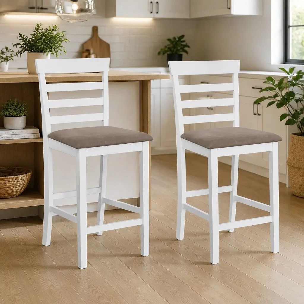Bar Stools White Fabric Padded Seat Kitchen Dining Chair 2 Piece Set