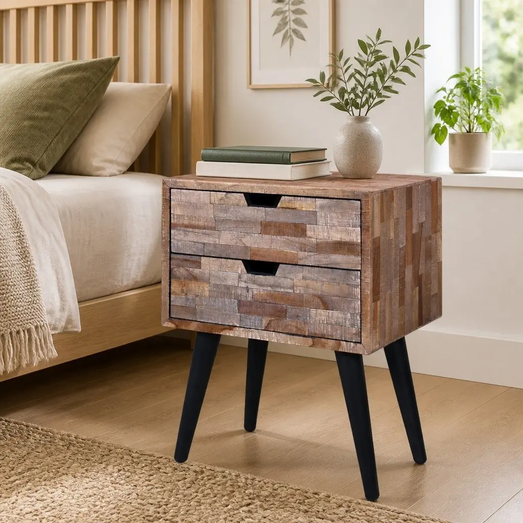 Bedside Table Reclaimed Wood Vintage Brown 2 Drawers
