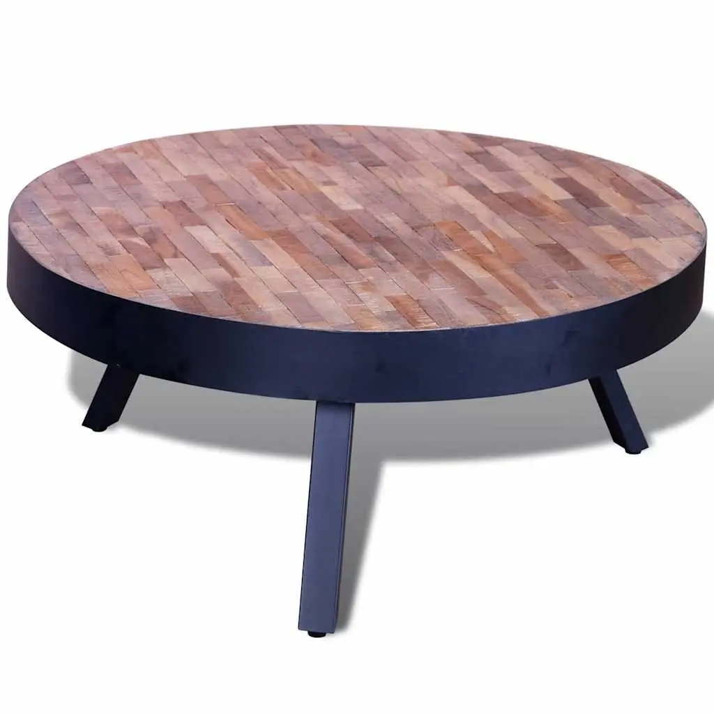 Round Reclaimed Wood Coffee Table Vintage Handmade Black Accent