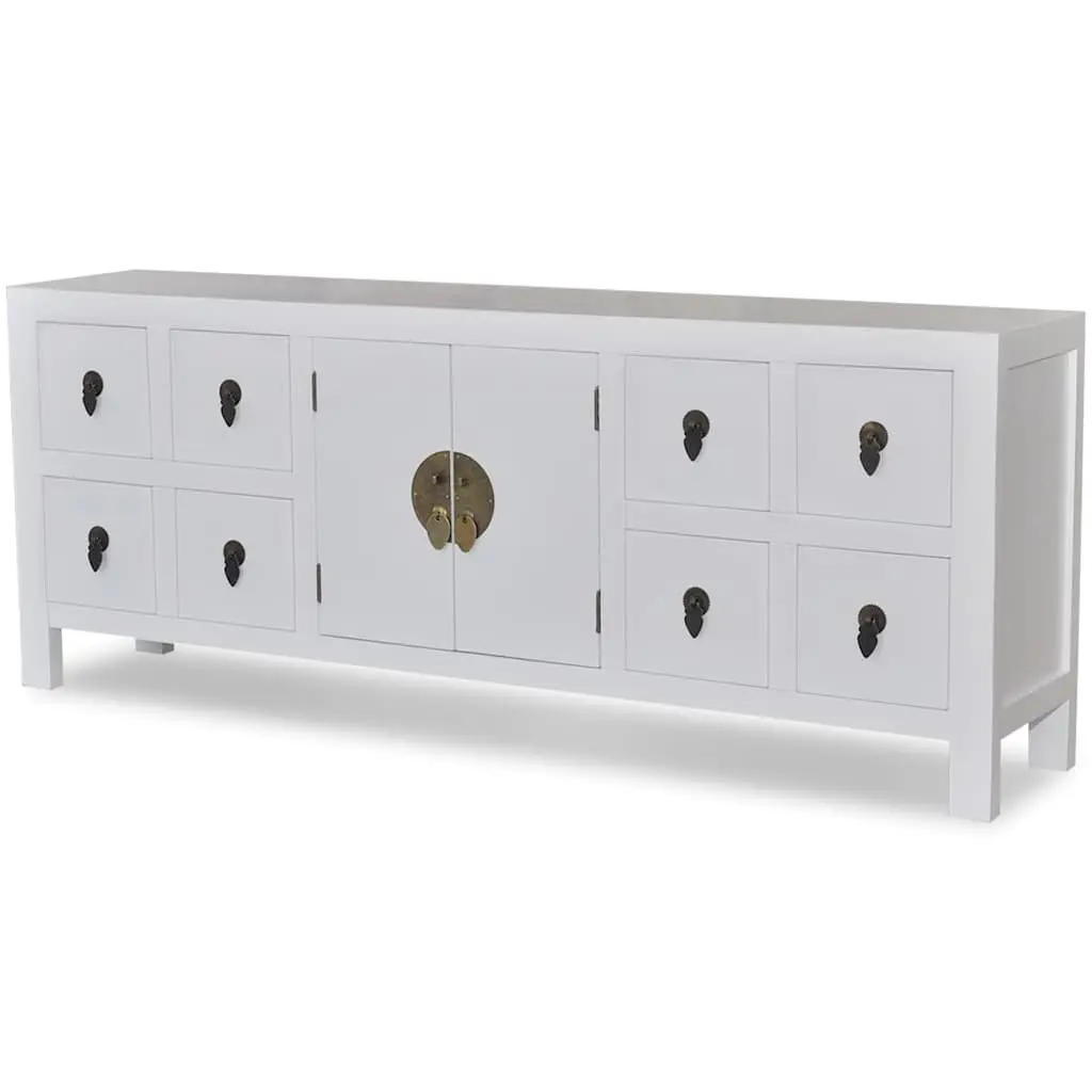 Wooden Sideboard Asian Style White Storage Cabinet with 8 Drawers 2 Doors