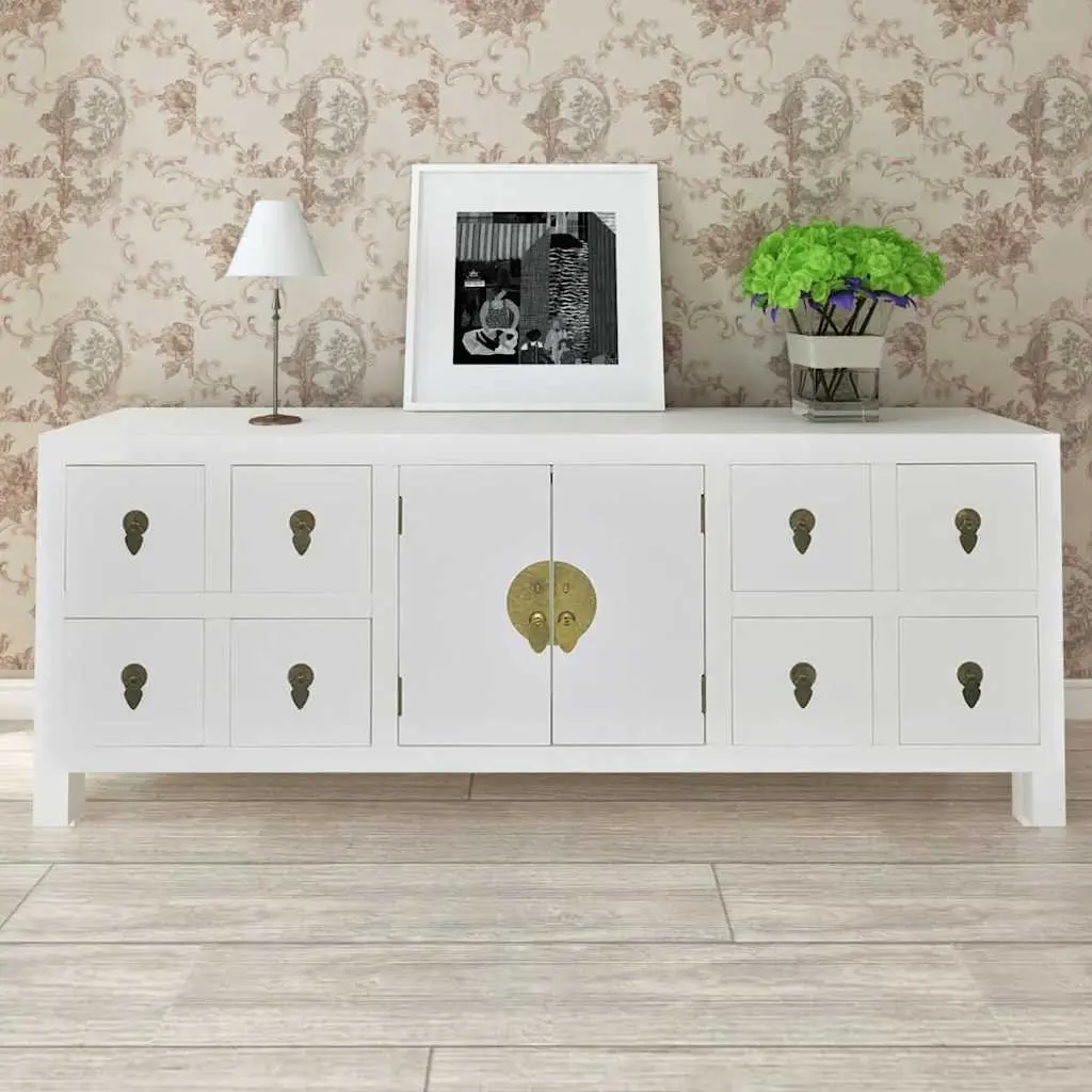 Wooden Sideboard Asian Style White Storage Cabinet with 8 Drawers 2 Doors