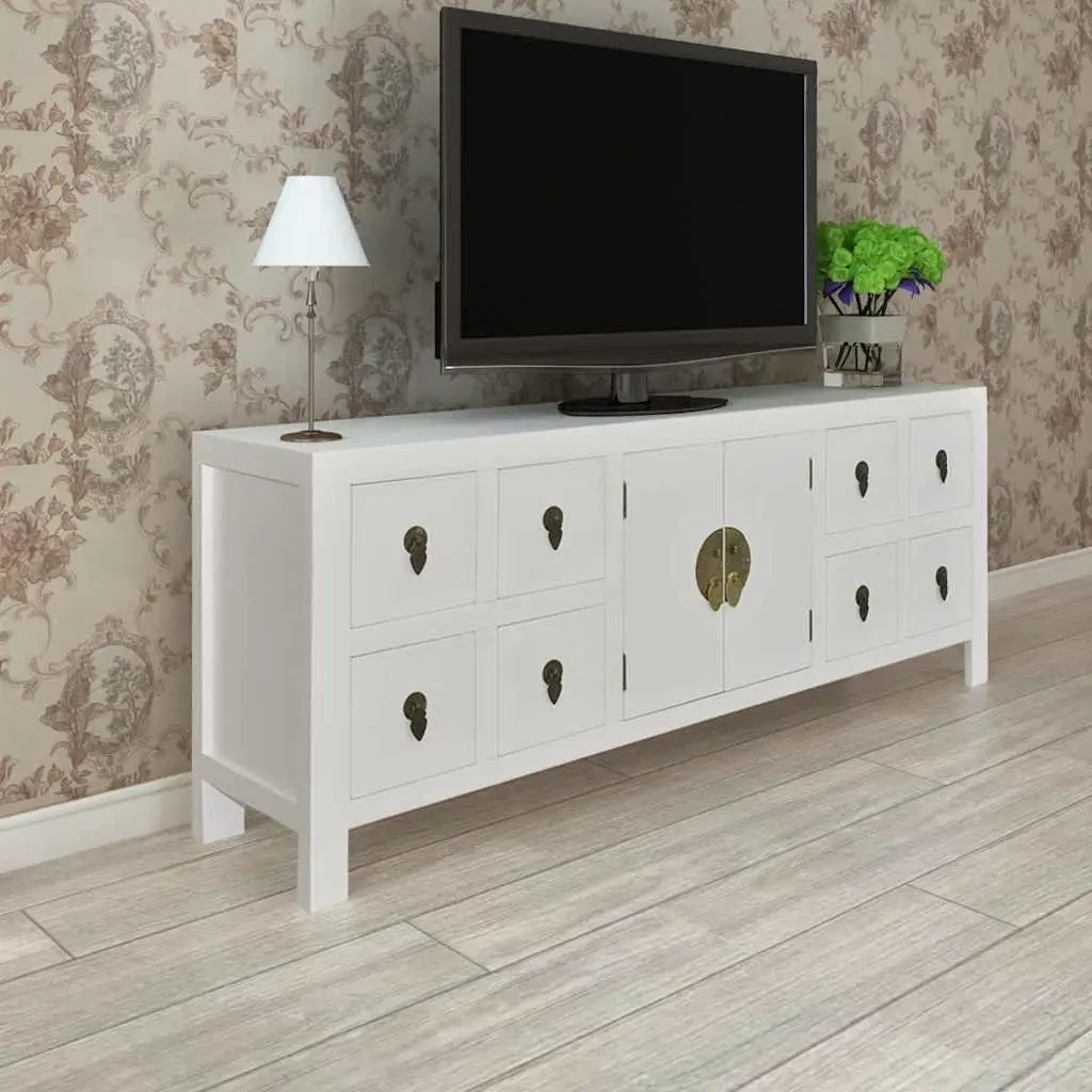 Wooden Sideboard Asian Style White Storage Cabinet with 8 Drawers 2 Doors