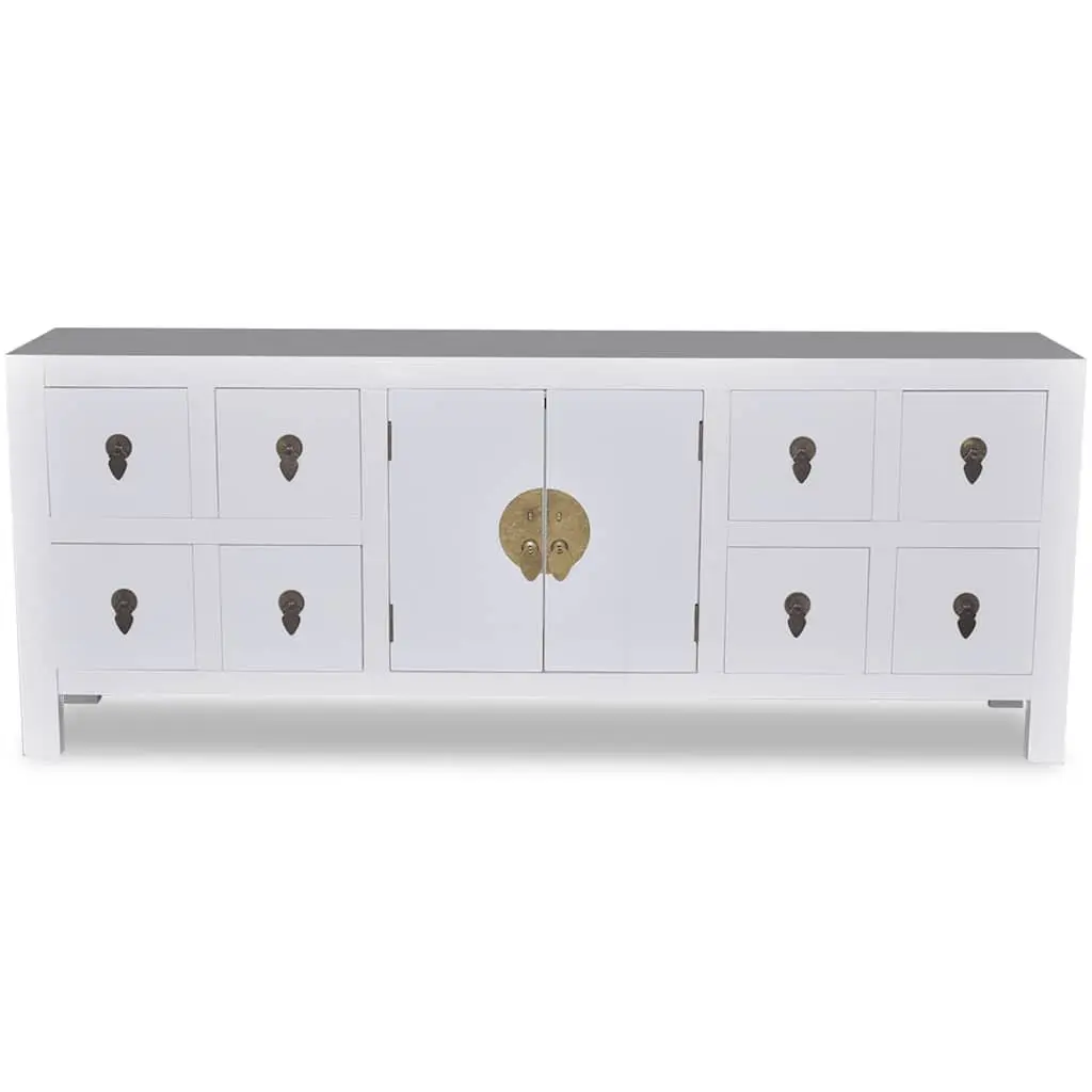 Wooden Sideboard Asian Style White Storage Cabinet with 8 Drawers 2 Doors