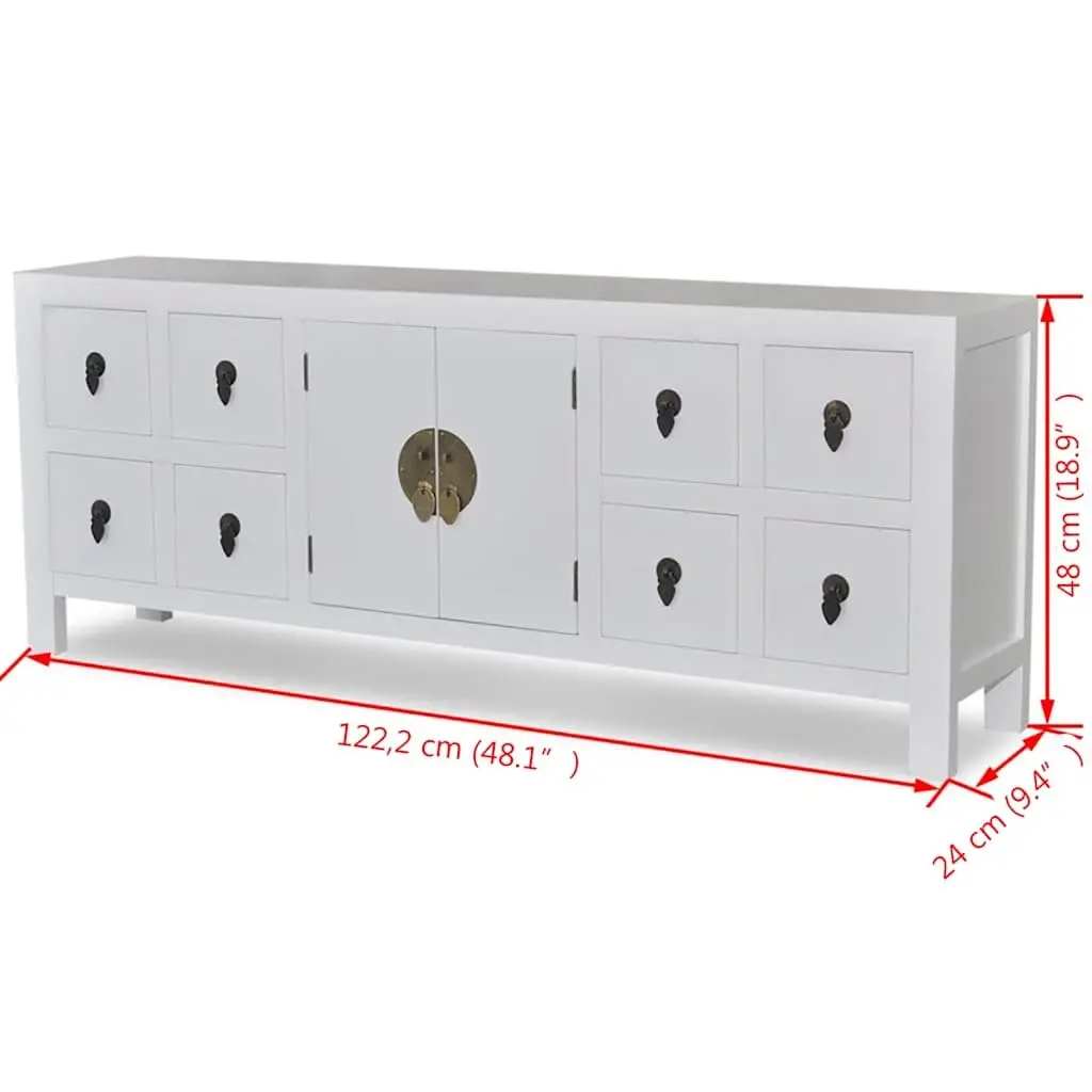 Wooden Sideboard Asian Style White Storage Cabinet with 8 Drawers 2 Doors