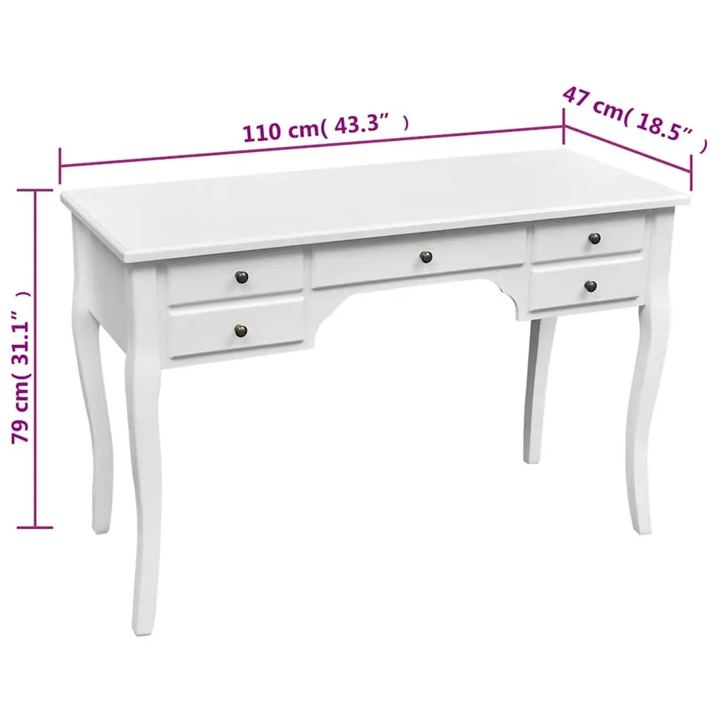 Wooden Desk Antique Look 5 Drawers White Finish Study Office Furniture