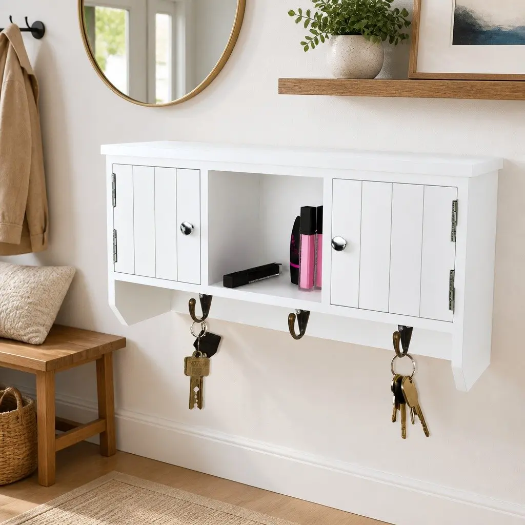 Wall Cabinet with Doors and Hooks for Keys Jewelry Storage Organiser White