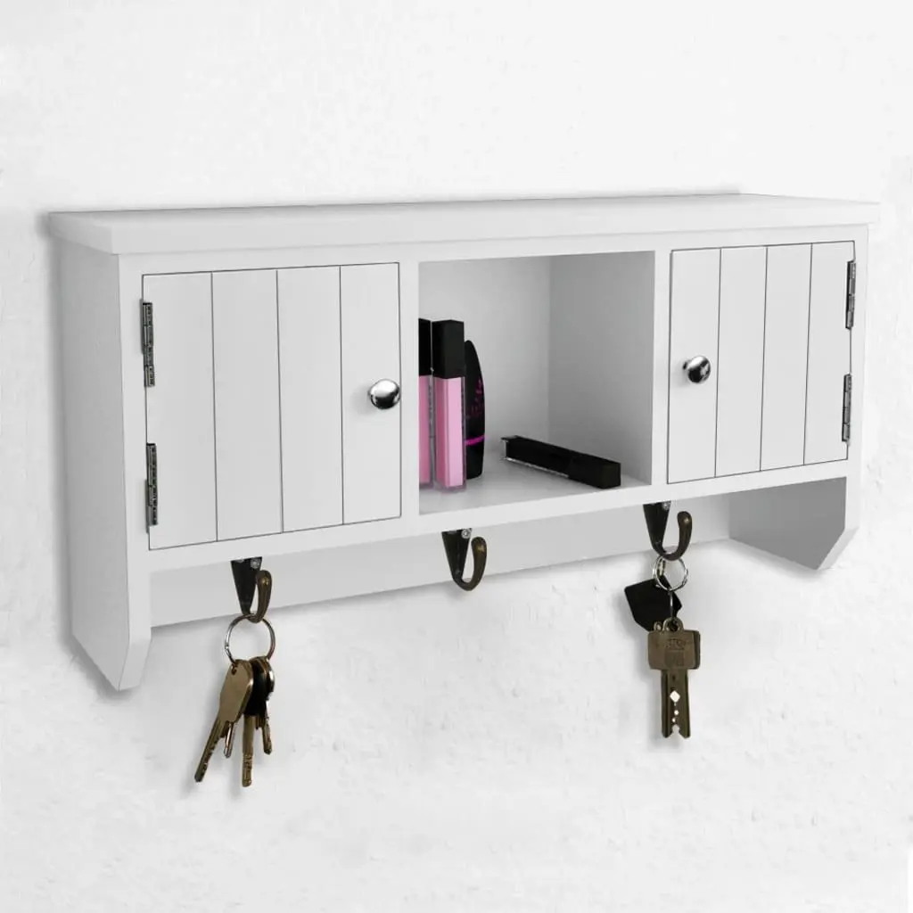 Wall Cabinet with Doors and Hooks for Keys Jewelry Storage Organiser White