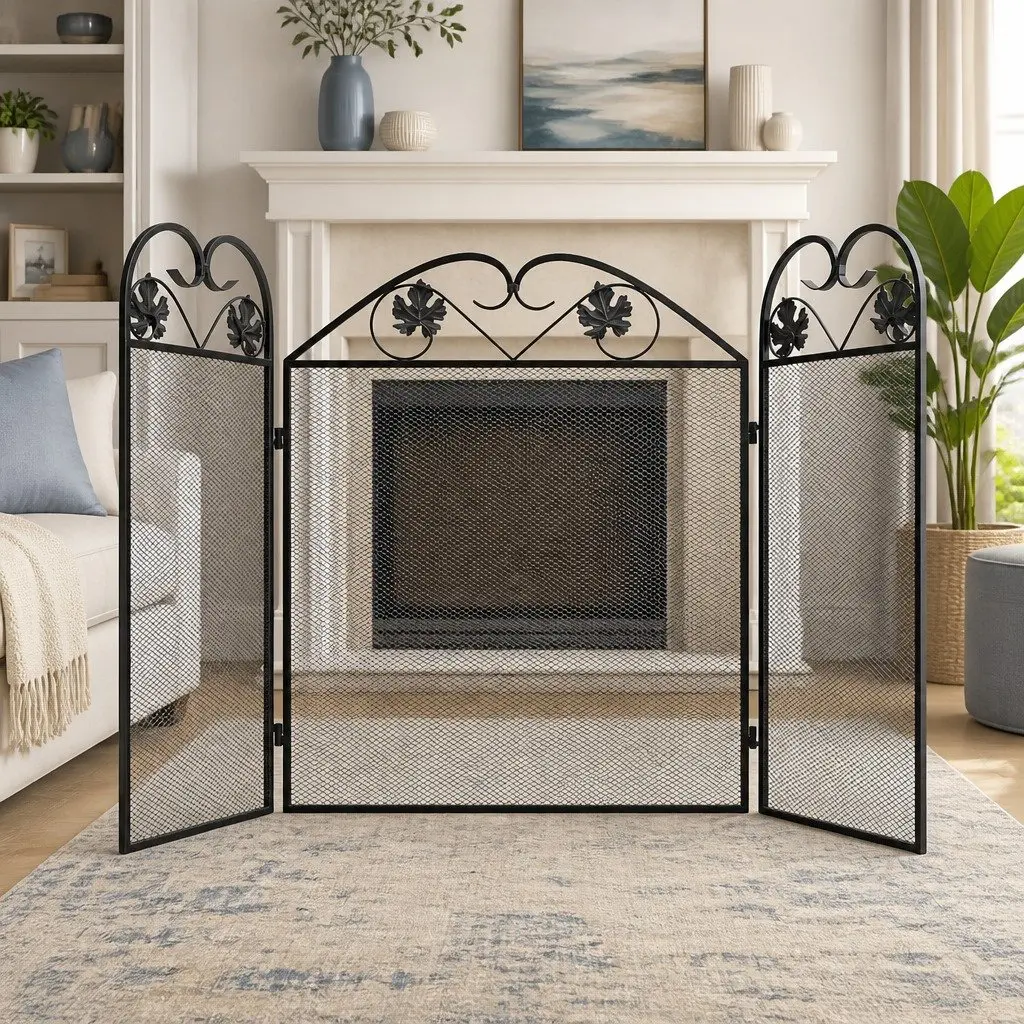 3-Panel Fireplace Screen Black Folding Safety Barrier 61 cm