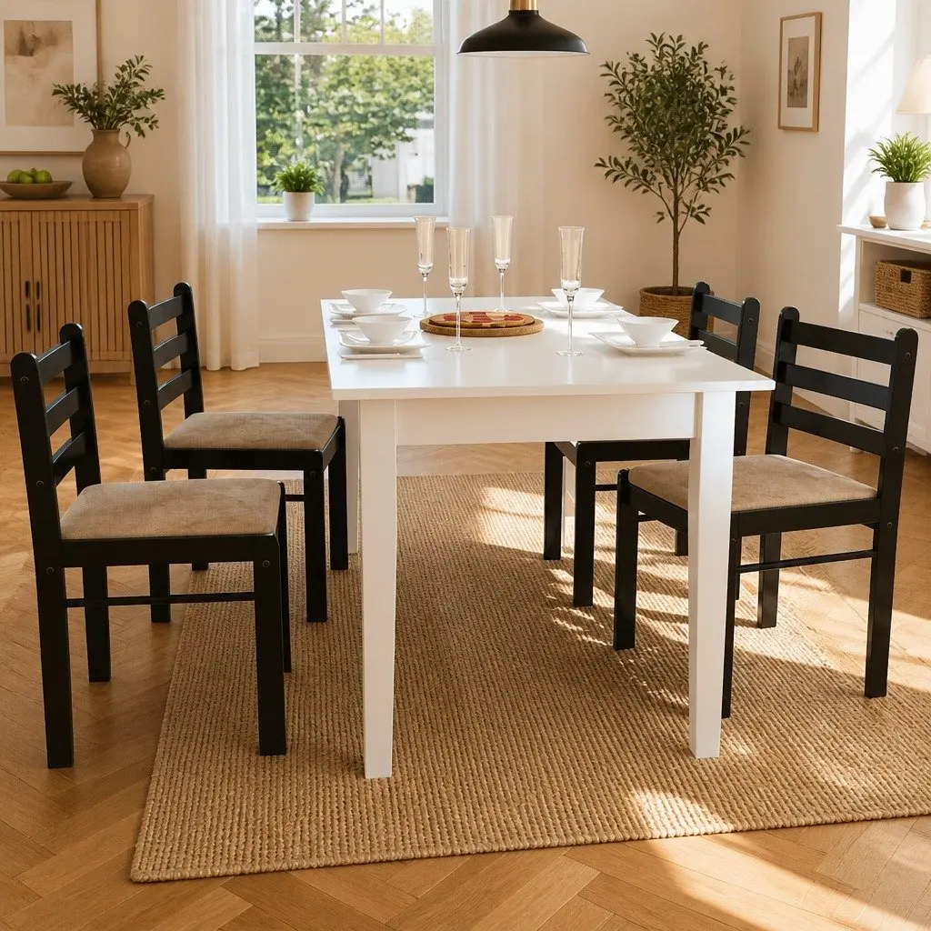 Dining Chairs Classic Style Brown Wooden Frame Padded Polyester Seat Set of 4